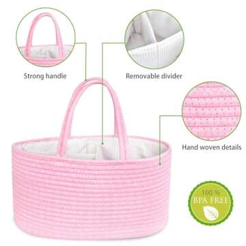 ABenkle Diaper Caddy Organizer, Cotton Rope Nursery Baby Basket, Changing Table Organizer for Baby Diaper Storage, Diaper Nursery Storage Bin for Baby Stuff, Baby Shower Gifts
