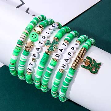 XOCARTIGE Surfer Heishi Bracelets for Women Stackable Rainbow Vinyl Disc Clay Beaded Stretch Bracelets Elastic Layering Friendship Bracelets Boho Summer Beach Jewelry (St.Patrick's Day 1)