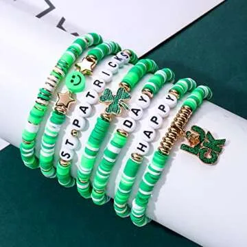 XOCARTIGE Surfer Heishi Bracelets for Women Stackable Rainbow Vinyl Disc Clay Beaded Stretch Bracelets Elastic Layering Friendship Bracelets Boho Summer Beach Jewelry (St.Patrick's Day 1)