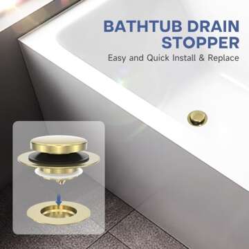 Brushed Gold Upgraded Tip Toe Tub Stopper, Universal Pop Up Bathtub Drains Plug, Bathroom Bath Tub D...