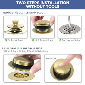 Brushed Gold Upgraded Tip Toe Tub Stopper, Universal Pop Up Bathtub Drains Plug, Bathroom Bath Tub Drain Stoppers, Replaces Lift and Turn, Tip-Toe and Trip Lever drains for Tub, Easy Install