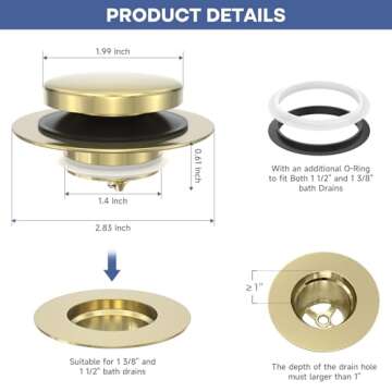 Brushed Gold Upgraded Tip Toe Tub Stopper, Universal Pop Up Bathtub Drains Plug, Bathroom Bath Tub Drain Stoppers, Replaces Lift and Turn, Tip-Toe and Trip Lever drains for Tub, Easy Install