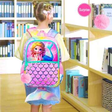 FTJCF 3Pcs Mermaid Backpack Set, 16" Girls Sequins Bookbag with Lunch Box, School Kids Backpacks for...
