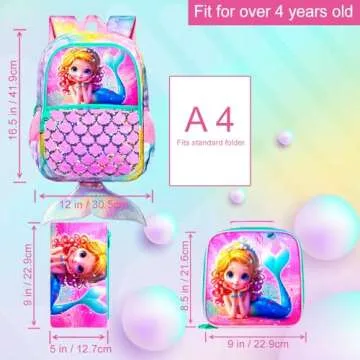 FTJCF 3Pcs Mermaid Backpack Set, 16" Girls Sequins Bookbag with Lunch Box, School Kids Backpacks for Elementary Preschool Kindergarten(Pink)