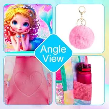 FTJCF 3Pcs Mermaid Backpack Set, 16" Girls Sequins Bookbag with Lunch Box, School Kids Backpacks for Elementary Preschool Kindergarten(Pink)