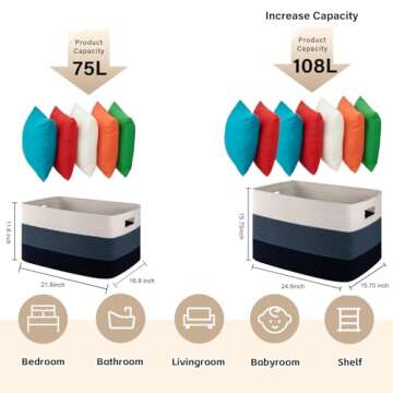 OIAHOMY Large Blanket Basket, Rectangle Woven Baskets for Storage, Nursery Blanket Basket Living Room, Toy Basket With Handle, Large Baskets for Organizing-22”x17”x12”-Gradient Blue