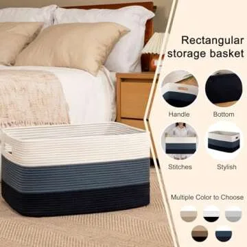 OIAHOMY Large Blanket Basket, Rectangle Woven Baskets for Storage, Nursery Blanket Basket Living Room, Toy Basket With Handle, Large Baskets for Organizing-22”x17”x12”-Gradient Blue