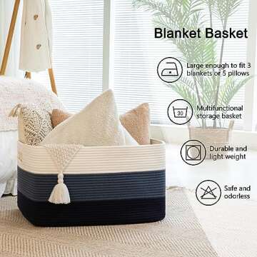 OIAHOMY Large Blanket Basket, Rectangle Woven Baskets for Storage, Nursery Blanket Basket Living Room, Toy Basket With Handle, Large Baskets for Organizing-22”x17”x12”-Gradient Blue