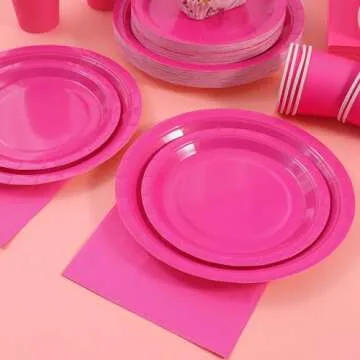 Gudvilla 200PCS Hot Pink Party Decorations, Hot Pink Plates and Napkins Disposable Tableware Set Serves 50, Hot Pink Party Supplies, Birthday Party Paper Plates for Girls Birthday Party