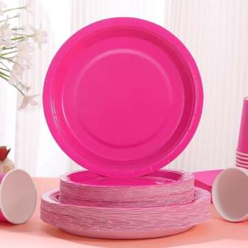 Gudvilla 200PCS Hot Pink Party Decorations, Hot Pink Plates and Napkins Disposable Tableware Set Serves 50, Hot Pink Party Supplies, Birthday Party Paper Plates for Girls Birthday Party