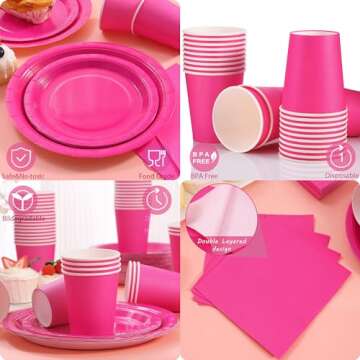 Gudvilla 200PCS Hot Pink Party Decorations, Hot Pink Plates and Napkins Disposable Tableware Set Serves 50, Hot Pink Party Supplies, Birthday Party Paper Plates for Girls Birthday Party