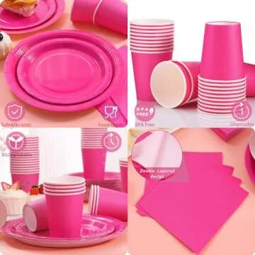 Gudvilla 200PCS Hot Pink Party Decorations, Hot Pink Plates and Napkins Disposable Tableware Set Serves 50, Hot Pink Party Supplies, Birthday Party Paper Plates for Girls Birthday Party