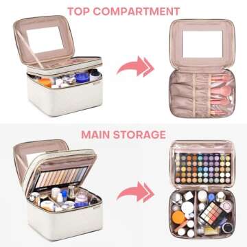 HXLGMD Large Makeup Bag with Mirror - Double Layer Travel Organizer Case
