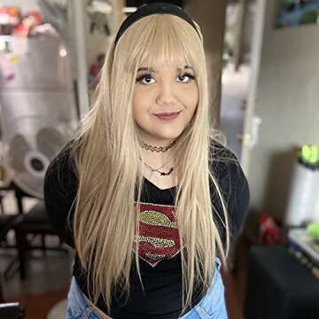 Netgo Blonde Wig with Bangs, Long Straight Ash Blonde Wig for Women, 27 Inch Heat Resistant Synthetic Women Hair Wigs for Cosplay Party Halloween