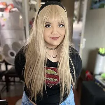 Netgo Blonde Wig with Bangs, Long Straight Ash Blonde Wig for Women, 27 Inch Heat Resistant Synthetic Women Hair Wigs for Cosplay Party Halloween