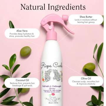 Rizos Curls Refresh & Detangle Spray, Moisturizing Leave-In Conditioner, Hydrate & Reduce Frizz, Add Shine & Definition with Coconut Oil, Aloe Vera & Shea Butter, All Hair Types 1a- 4c, 10 oz