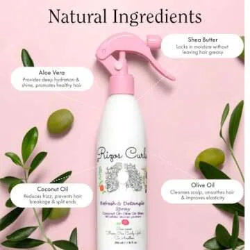 Rizos Curls Refresh & Detangle Spray, Moisturizing Leave-In Conditioner, Hydrate & Reduce Frizz, Add Shine & Definition with Coconut Oil, Aloe Vera & Shea Butter, All Hair Types 1a- 4c, 10 oz