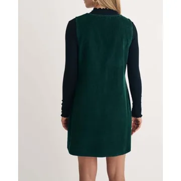 SCOFEEL Women's Corduroy Mini Pinafore Dress Overall V Neck Jumper Dress Green
