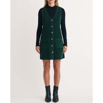 SCOFEEL Women's Corduroy Mini Pinafore Dress Overall V Neck Jumper Dress Green