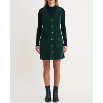 SCOFEEL Women's Corduroy Mini Pinafore Dress Overall V Neck Jumper Dress Green