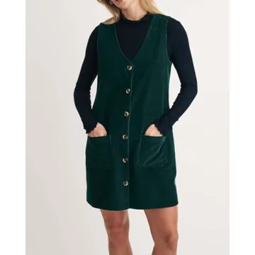 SCOFEEL Women's Corduroy Mini Pinafore Dress Overall V Neck Jumper Dress Green
