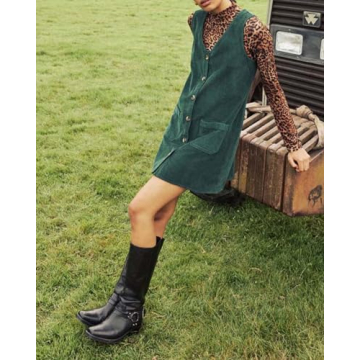 SCOFEEL Women's Corduroy Mini Pinafore Dress Overall V Neck Jumper Dress Green