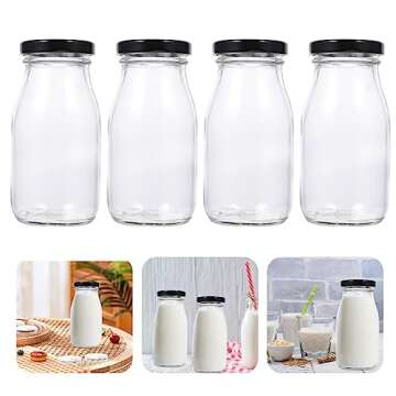 UPKOCH 4pcs Glass Bottles Glass Milk Bottles with Lids Juice Bottles with Caps 250ml Vintage Container Drinking Bottles Beverage Bottle for Smoothies Tea