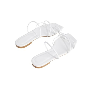 GORGLITTER Women's Metallic Strappy Sparkly Sandals Dressy Cute Slip on Slide Vacation Summer Weeding Flats Sandals White 8.5