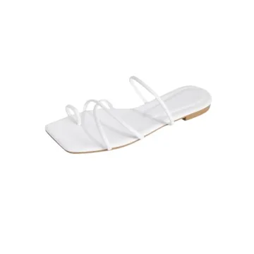 GORGLITTER Women's Metallic Strappy Sparkly Sandals Dressy Cute Slip on Slide Vacation Summer Weeding Flats Sandals White 8.5