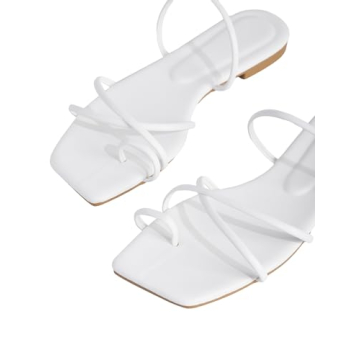 GORGLITTER Women's Metallic Strappy Sparkly Sandals Dressy Cute Slip on Slide Vacation Summer Weeding Flats Sandals White 8.5