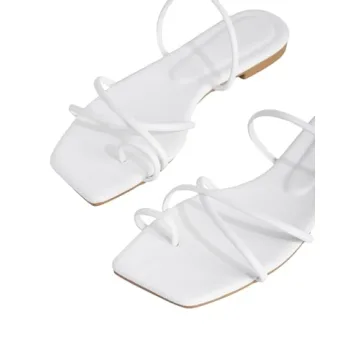 GORGLITTER Women's Metallic Strappy Sparkly Sandals Dressy Cute Slip on Slide Vacation Summer Weeding Flats Sandals White 8.5