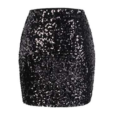 MANER Women's Sequin Skirt Sparkle Stretchy Bodycon Mini Skirts Night Out Party (M/US 8-10, Black)