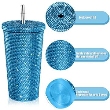 Mimorou Studded Bling Diamond Tumbler Glitter Water Bottle with Lid Stainless Steel Vacuum Thermal Straw Rhinestone Tumbler with 1 Pcs Cup Brush 6 Pcs Straw Brushes for Women(16.9 oz,Light Blue)