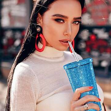 Mimorou Studded Bling Diamond Tumbler Glitter Water Bottle with Lid Stainless Steel Vacuum Thermal Straw Rhinestone Tumbler with 1 Pcs Cup Brush 6 Pcs Straw Brushes for Women(16.9 oz,Light Blue)