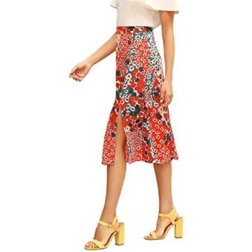 Floerns Women's Boho Floral High Waist Split A Line Midi Skirt Red Disty S