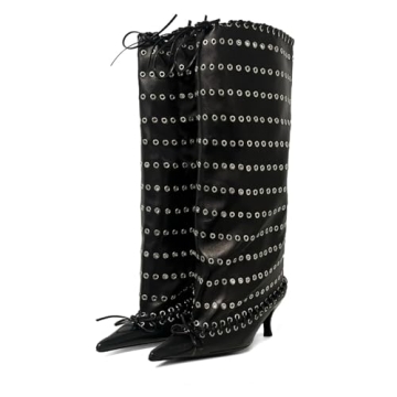 Goolita Women's Pointed Toe Metal Eyelets Knee High Boots Kitten Heel Lace Up Bow Slip on Wide Calf ...