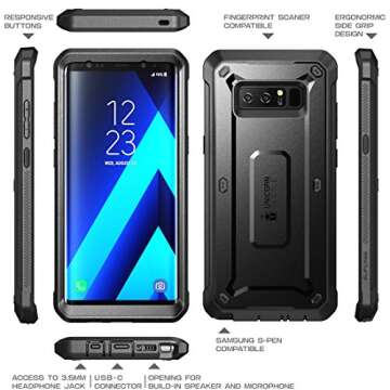 SUPCASE for Samsung Galaxy Note 8 Case with Screen Protector (Unicorn Beetle), [Built-in Belt Clip] Heavy Duty Full-Body Rugged Holster Protective Phone Case for Galaxy Note 8 (2017 Release), Black