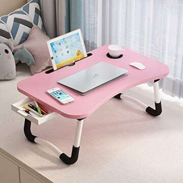 Lap Desk with Storage Drawer, Holders for Cup and Tablet, Tray Table with Foldable Legs, Laptop Bed Stand, Portable Standing Table for Sofa Couch Floor (23.6", Pink)