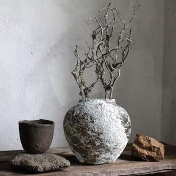 Rustic Ceramic Circular Flower Vase Farmhouse Clay Pottery Large Terracotta Floor Vases for Decorative Centerpiece Vintage Home Decor Aesthetic for Living Room Bedroom Table Entryway