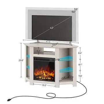 Seventable Fireplace Corner TV Stand for 43" 50" 55", 47 Inch TV Stand with Power Outlets and LED Lights, Modern TV Console, Entertainment Center for Living Room,White
