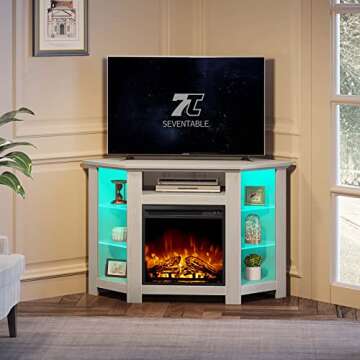 Seventable Fireplace Corner TV Stand for 43" 50" 55", 47 Inch TV Stand with Power Outlets and LED Lights, Modern TV Console, Entertainment Center for Living Room,White