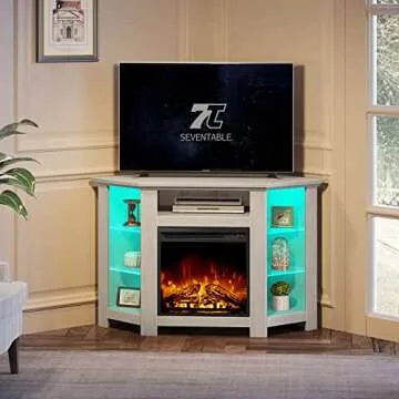 Seventable Fireplace Corner TV Stand for 43" 50" 55", 47 Inch TV Stand with Power Outlets and LED Lights, Modern TV Console, Entertainment Center for Living Room,White
