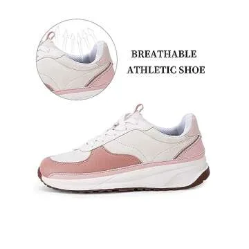 Coutgo Womens Lace Up Platform Sneakers Trendy Athletic Tennis Faux Leather Suede Neutral Comfortable Walking Shoes,Pink, Size 5.5