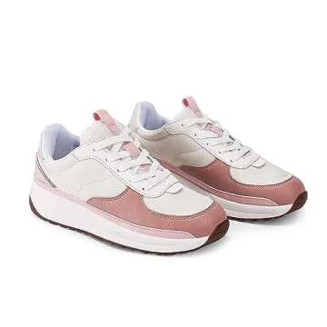 Coutgo Womens Lace Up Platform Sneakers Trendy Athletic Tennis Faux Leather Suede Neutral Comfortable Walking Shoes,Pink, Size 5.5