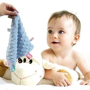 CREVENT Tag Security Blankets for Babies, Soft Small Loveys for Boys, Baby Comforter Sensory Blanket, Great Gifts for Birthday Baby Shower (10"X10" Blue Tag)