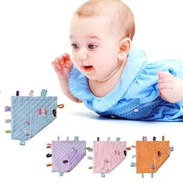 CREVENT Tag Security Blankets for Babies, Soft Small Loveys for Boys, Baby Comforter Sensory Blanket, Great Gifts for Birthday Baby Shower (10"X10" Blue Tag)