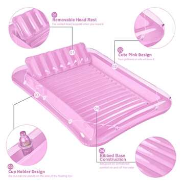 Inflatable Pool Floats Boat for Adults, Blow Up Tanning Pool Raft Sun Tan Tub with Inflatable Pillow for Family Outdoor, Garden, Backyard Summer Water Party (14+ Year Old) (Small,Pink)