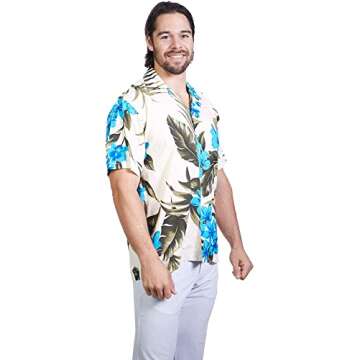 Tropical Luau Beach Floral Print Men’s Hawaiian Aloha Shirt (X-Large, Cream/Blue)