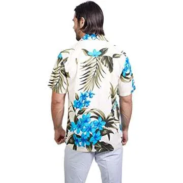 Tropical Luau Beach Floral Print Men’s Hawaiian Aloha Shirt (X-Large, Cream/Blue)