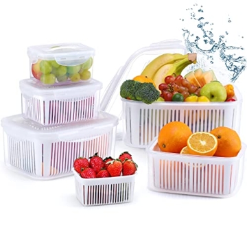 LUXEAR Larger Fruit Vegetable Produce Storage Saver Containers with Lid & Colander 5 Packs BPA-Free ...